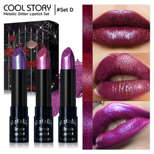 Metallic glitter lipstick set of three bullet lipsticks in glossy black tubes with a box
