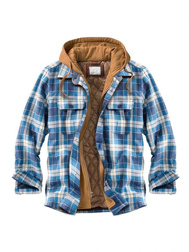 Mens plaid hooded jacket with quilted lining and full zip front