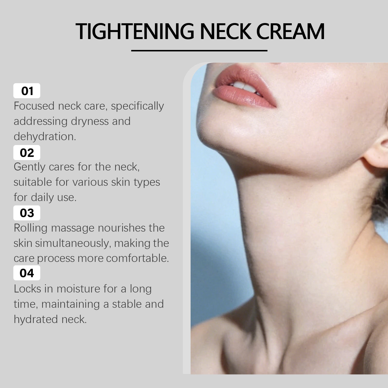 Model neck profile beside numbered notes on focused daily neck care and lasting hydration