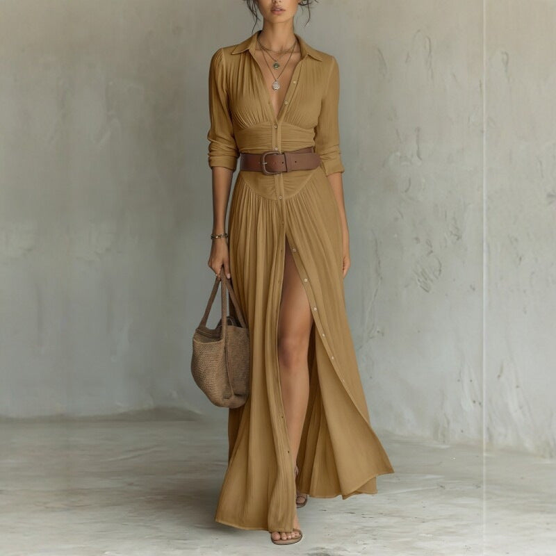Amber long shirt dress with collar, button front and brown belt, close view for size L