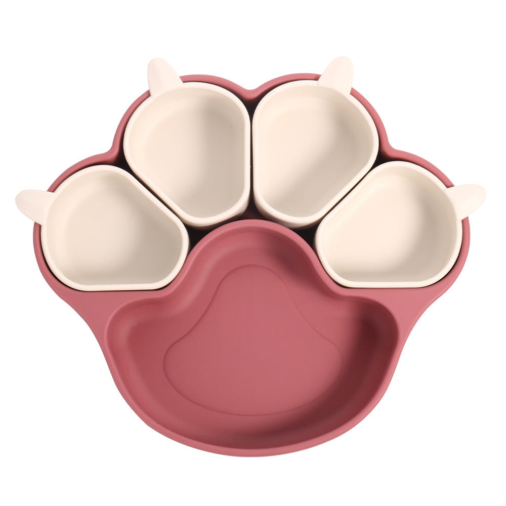 Burgundy bear paw plate with four small cream cups on a white background