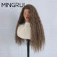 Three quarter view of a long curly brown lace front wig with light highlights on a mannequin