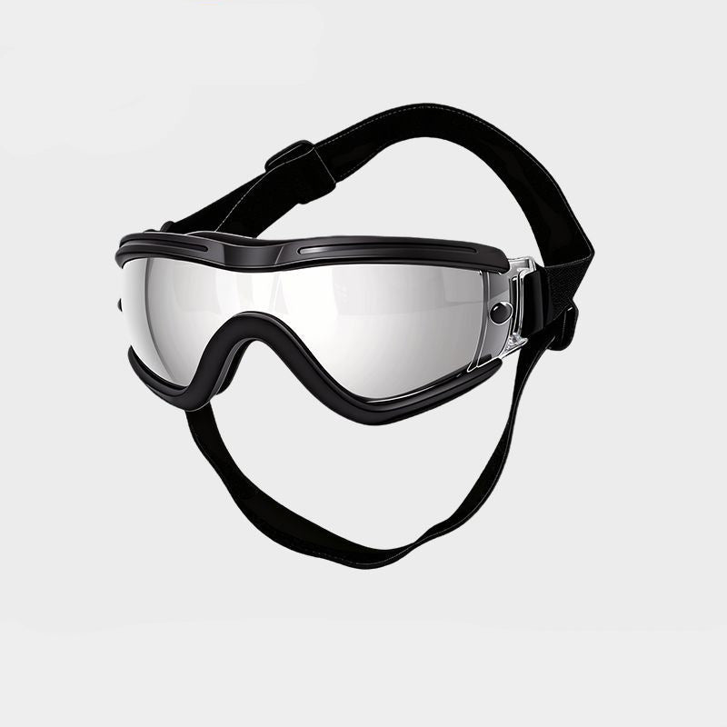 Dog goggles with a blue purple mirrored lens and black frame