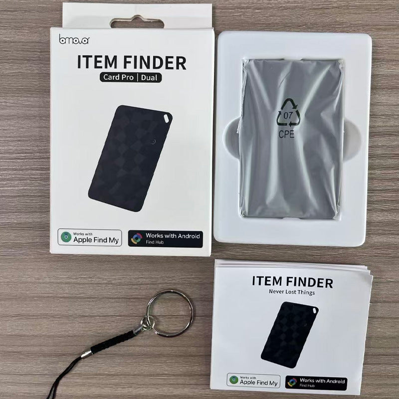 K18 Black: Item Finder Card Pro Dual box, black patterned card tracker, key ring lanyard and manual