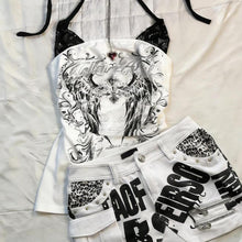 Womens Gothic Wing Print Halter Top with Lace Shoulder Panels