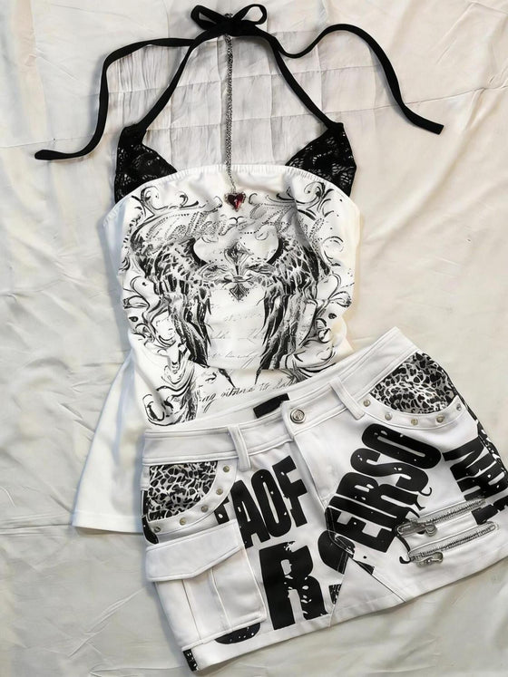 Womens Gothic Wing Print Halter Top with Lace Shoulder Panels