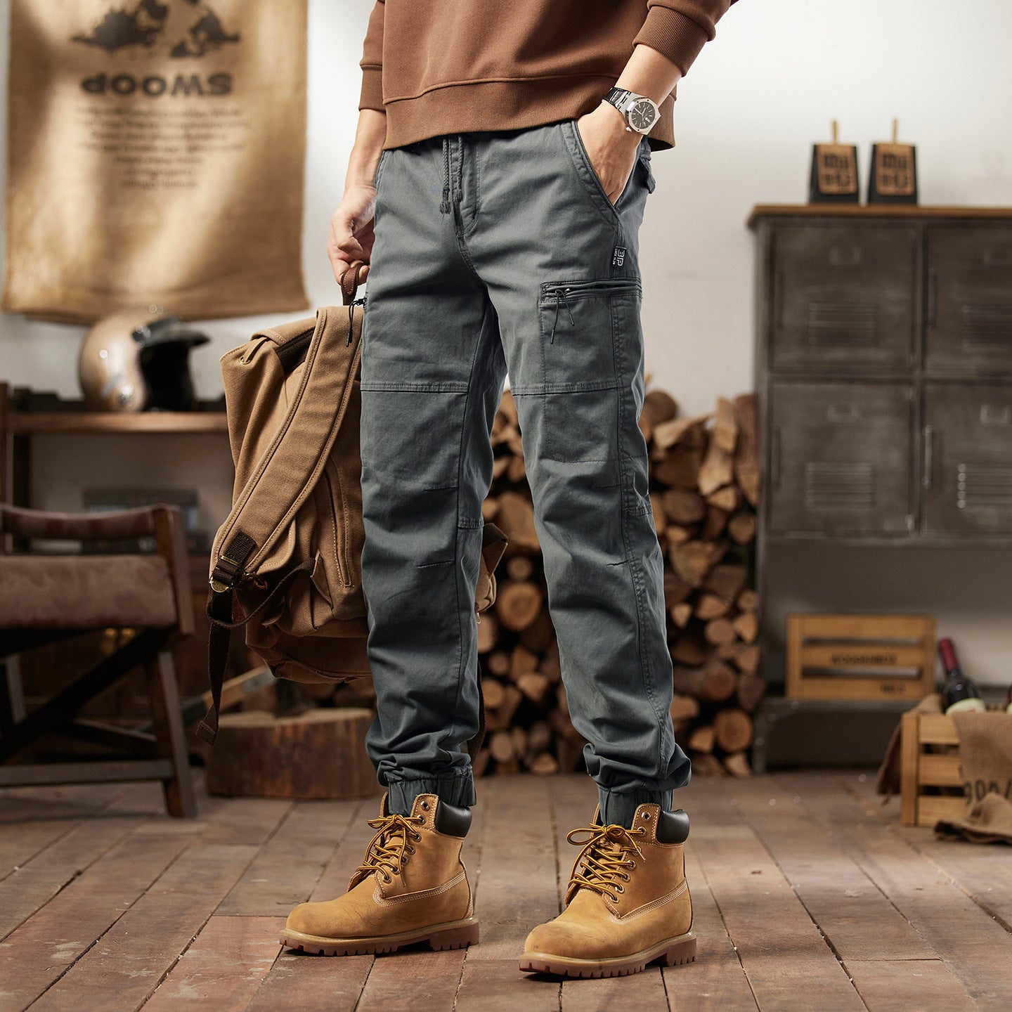 Men's retro cargo pants in gray showing the straight relaxed leg