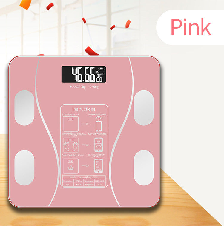 Rose gold pink tempered glass body fat scale with a bright LCD display