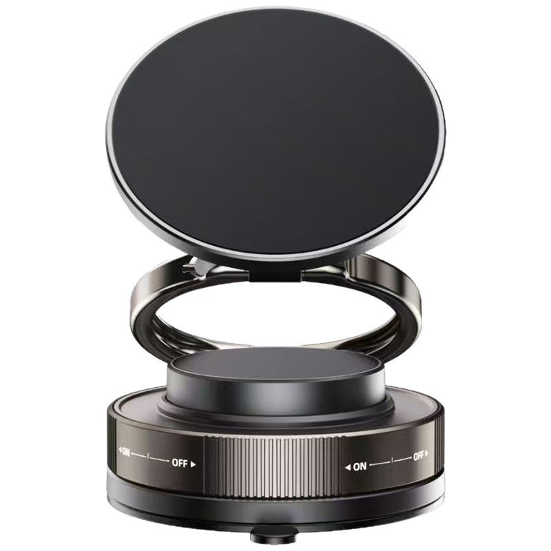 Magnetic phone mount holding a smartphone at eye level for navigation on a car dashboard