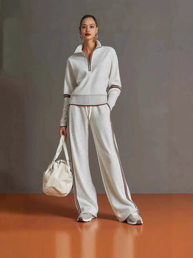 Casual Stand Collar Sweatshirt Wide Leg Pants Set