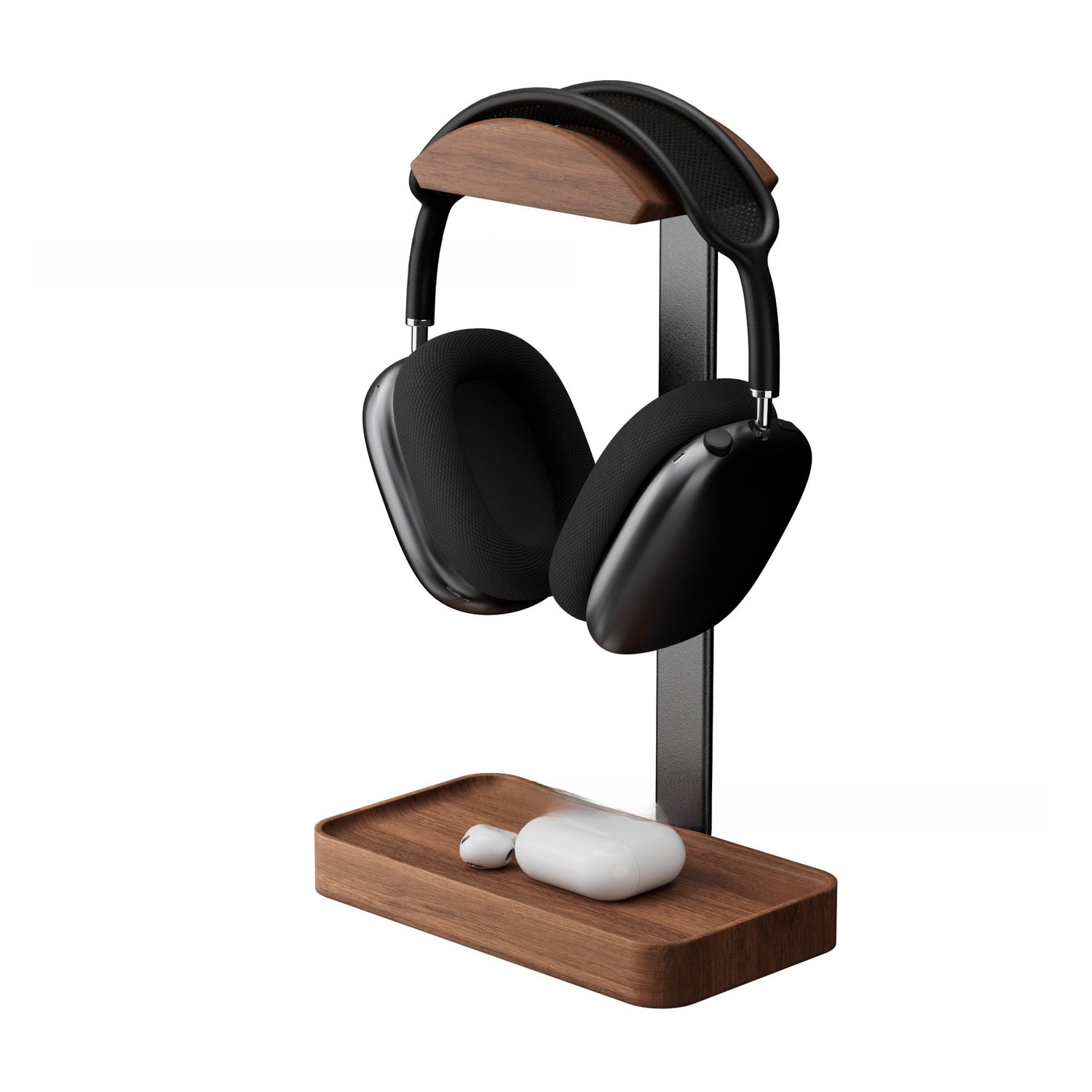 Walnut wood headphone stand on a slim black metal post cradling an over ear headset