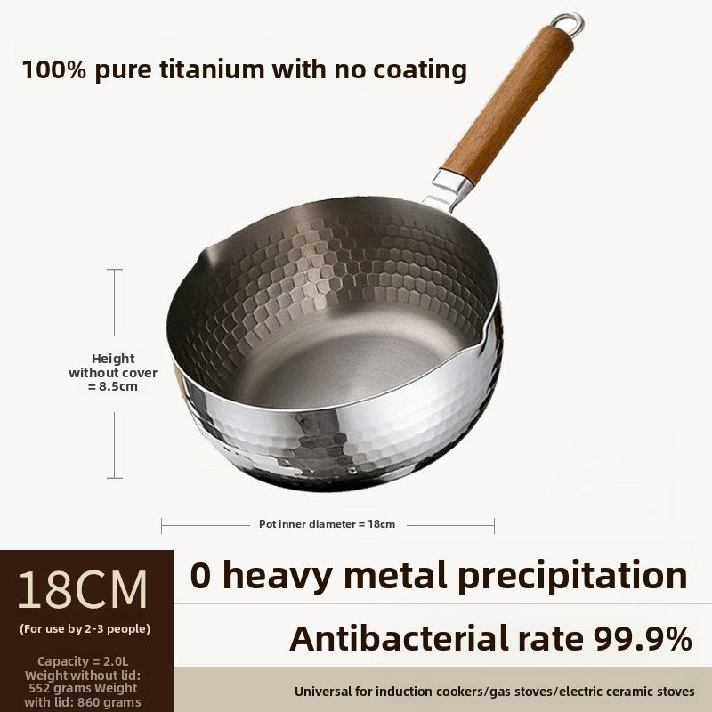 18 cm pure titanium snow pot with a wooden handle shown with its size and capacity details