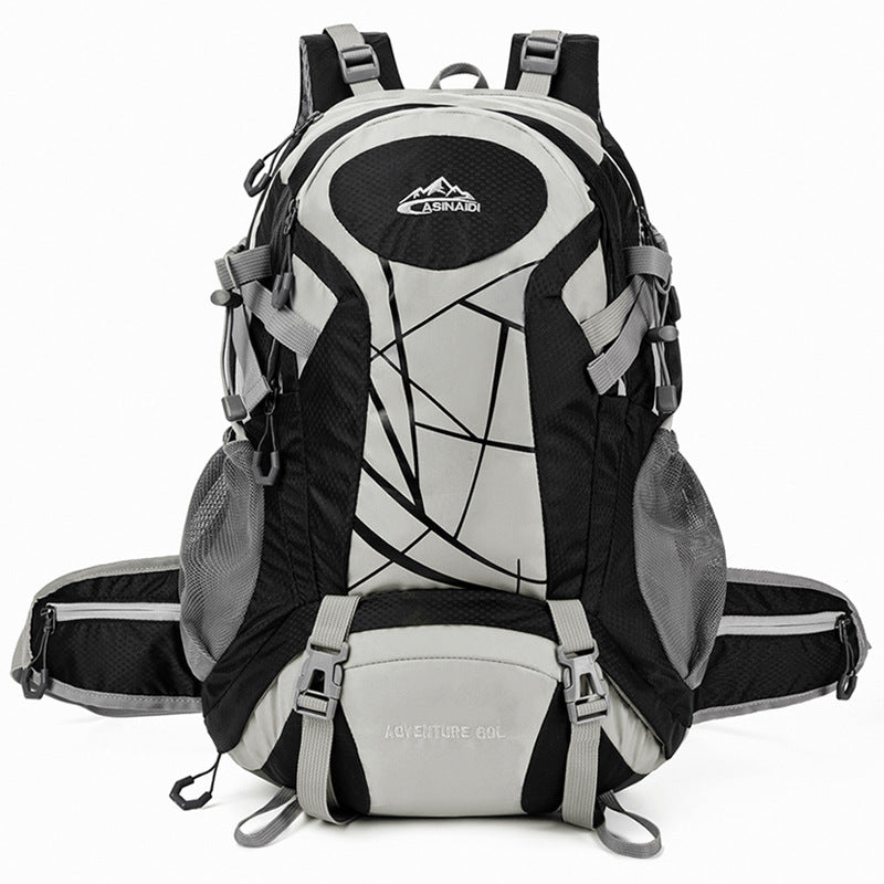 Black hiking backpack with a light gray centre panel, hip belt and front buckle straps, Black option