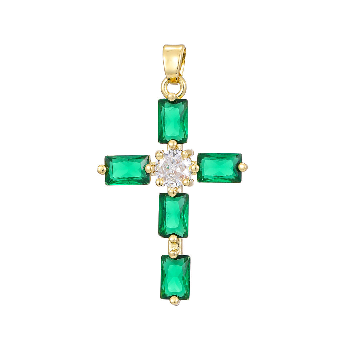 Silver tone cross pendant paved with clear cubic zirconia, close up detail