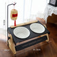 White double pet bowl stand with two white bowls and a 40 cm hanging rod with a woven lantern, White with Hanging Rod option