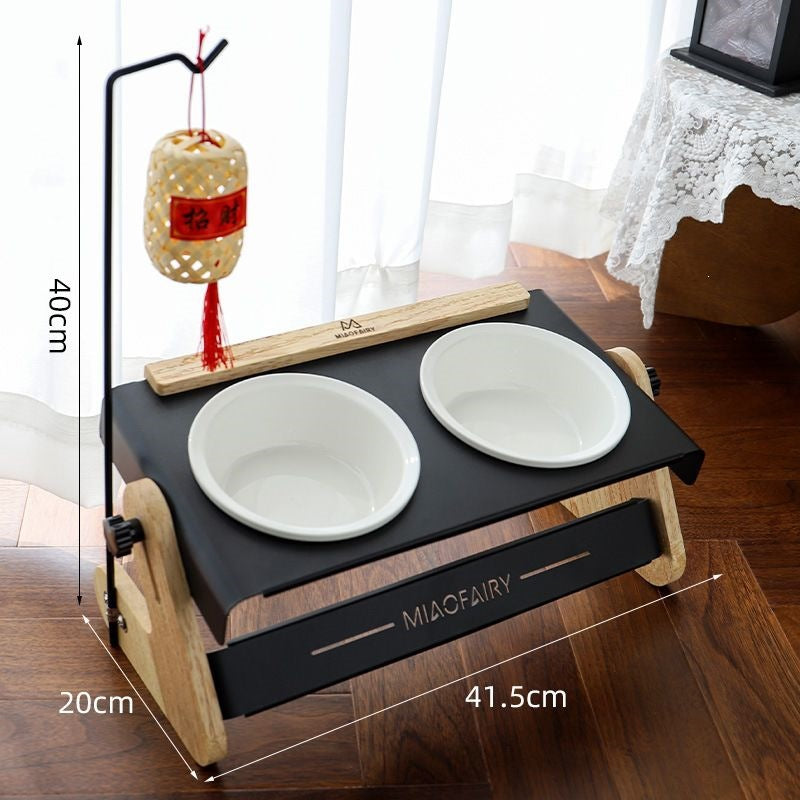 White double pet bowl stand with two white bowls and a 40 cm hanging rod with a woven lantern, White with Hanging Rod option