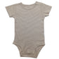 Baby short sleeve cotton bodysuit with a three snap crotch closure shown flat on a plain background