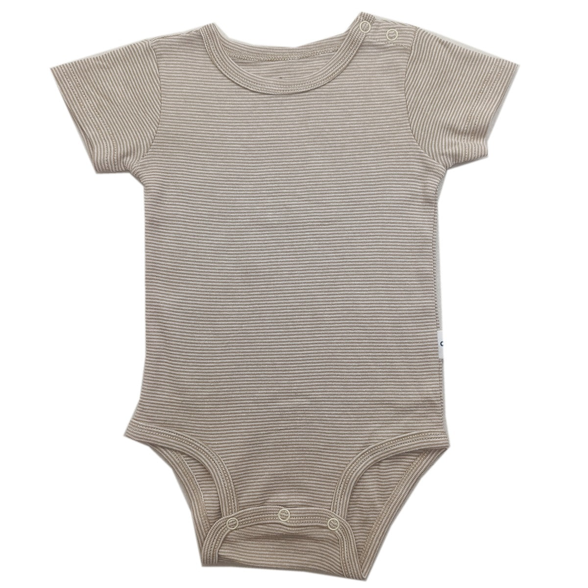 Baby short sleeve cotton bodysuit with a three snap crotch closure shown flat on a plain background