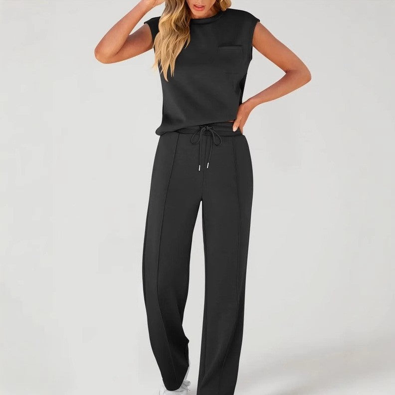 The sleeveless top and wide-leg pants set worn for a relaxed daytime look