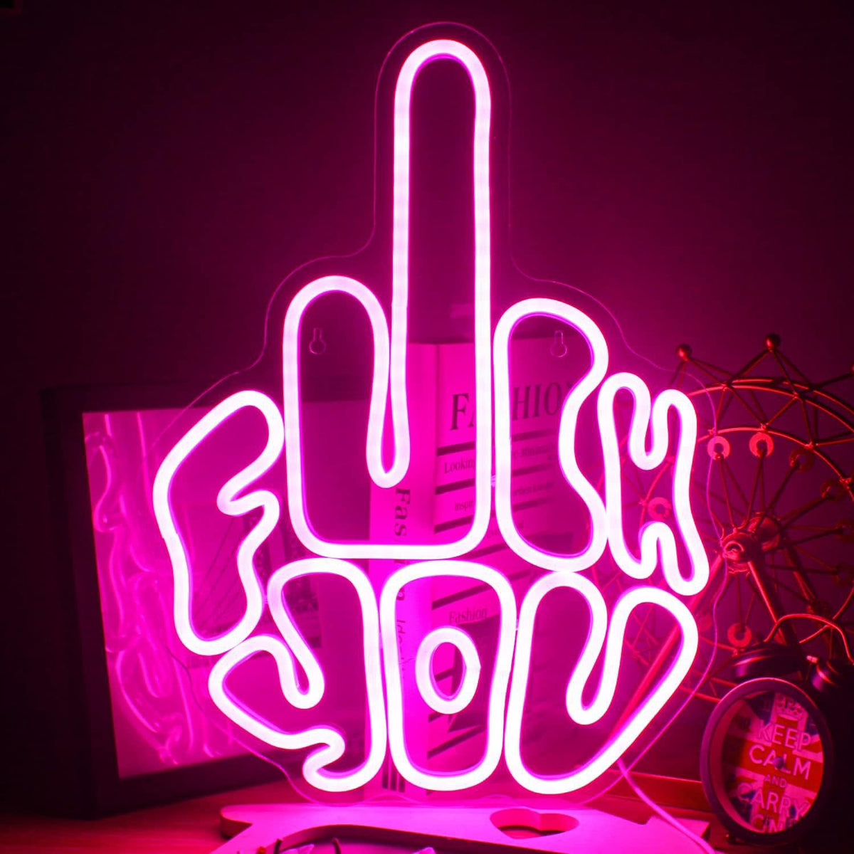 LED neon wall light sign, lit in a studio corner