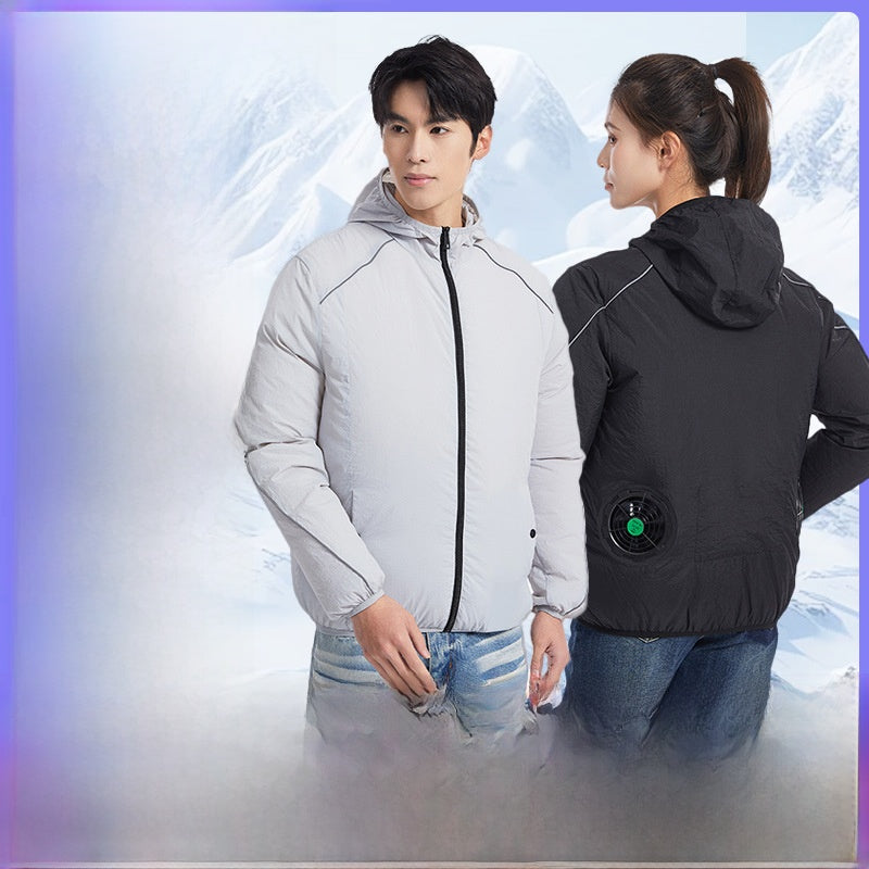 Grey and black hooded fan cooling jackets shown front and back with rear fan