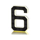 Black and gold solar LED house number sign, one character with a backlit warm outline, solar cells on the face