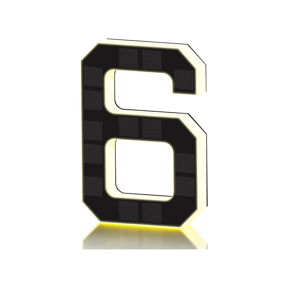 Black and gold solar LED house number sign, one character with a backlit warm outline, solar cells on the face