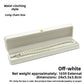 Open off white crown clasp necklace box with a pearl necklace on the grey padded lining