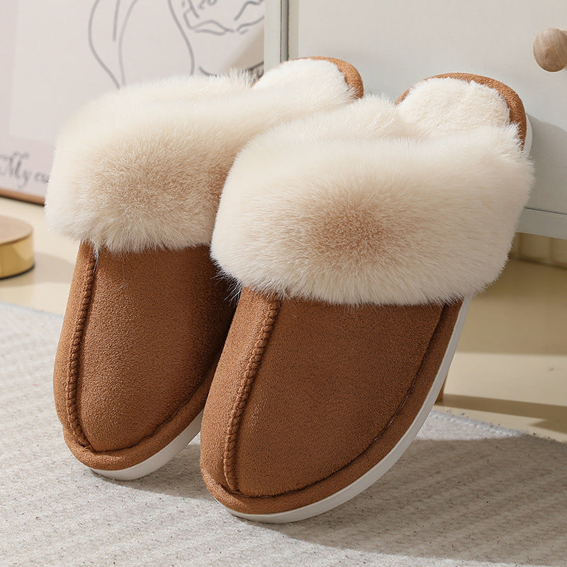 Brown plush cuff slip-on mule slippers on a grey rug, variant photo for size 42/43