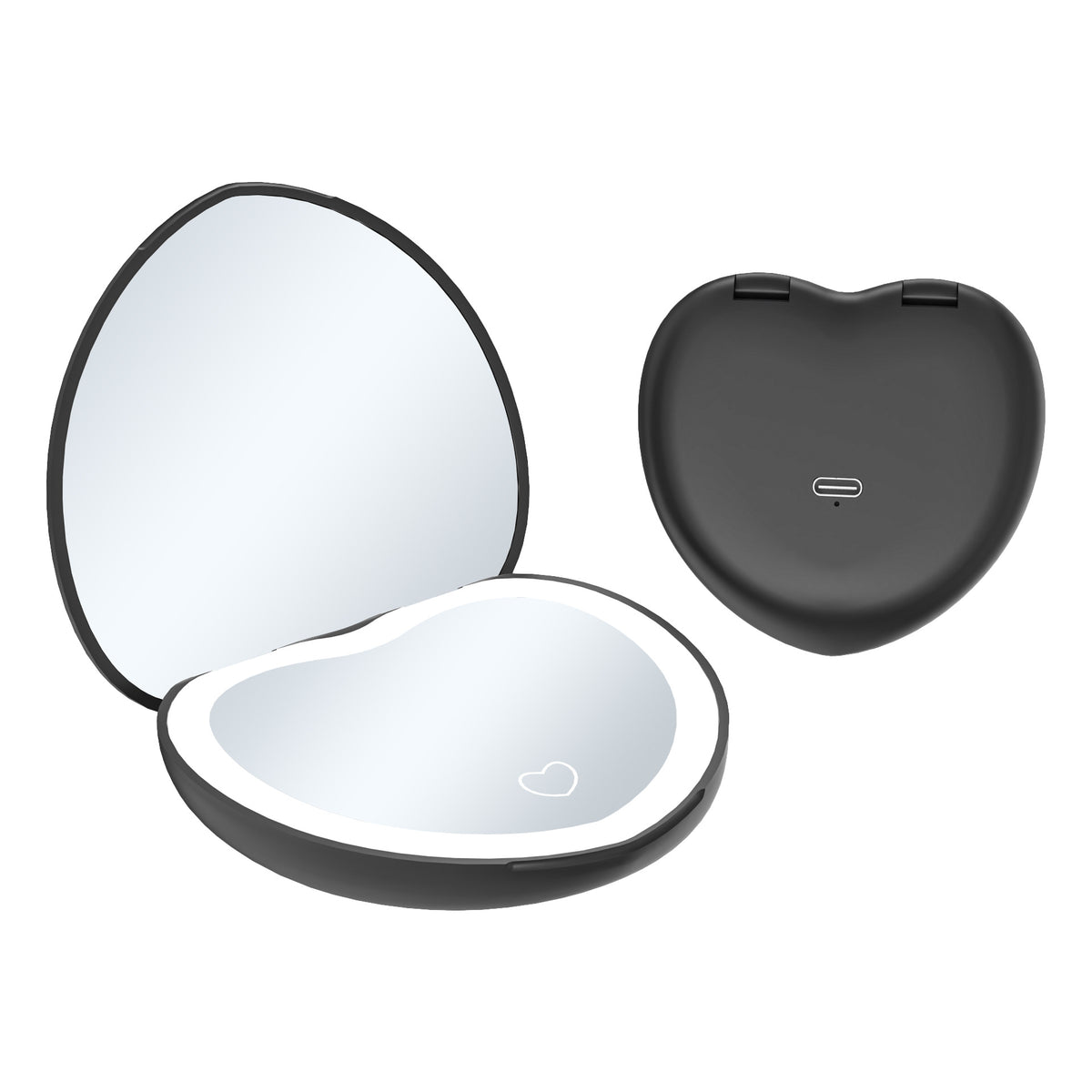 Black heart shaped LED makeup mirror shown open with a lit mirror and closed back