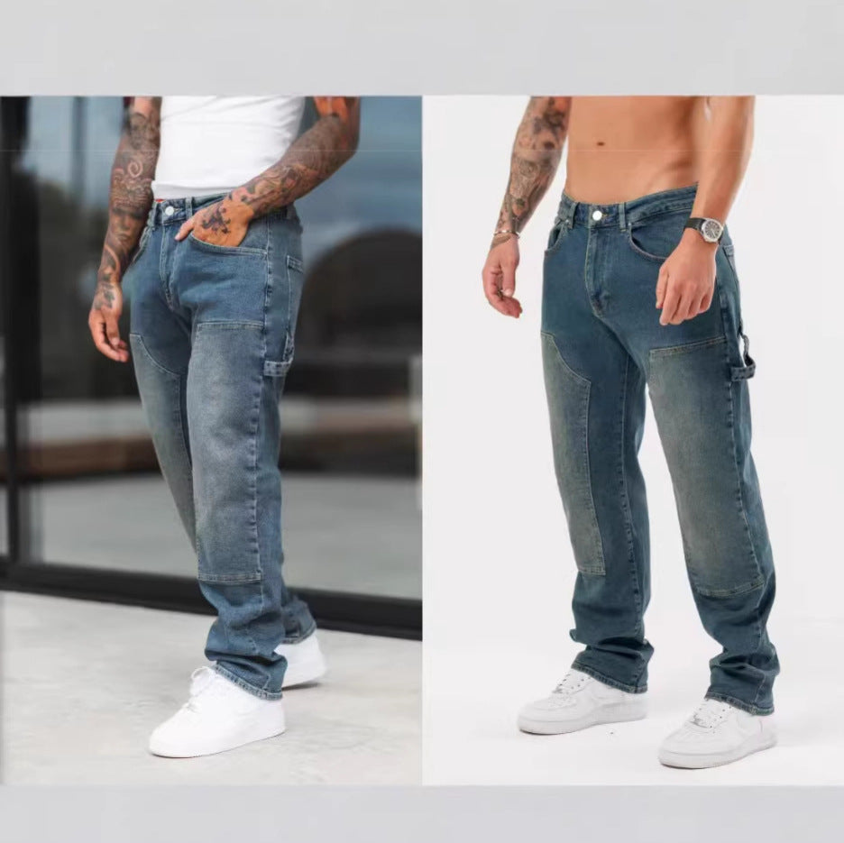 Mens Patchwork Loose Fit Jeans Straight Trousers