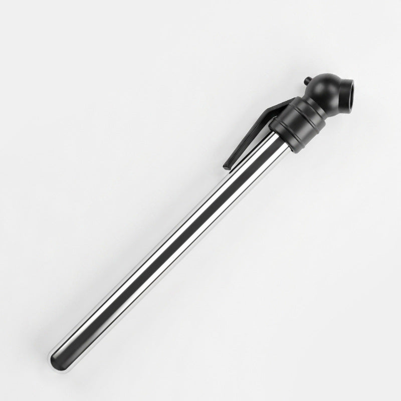 Black head version of the pencil tire pressure gauge above its polished stainless steel barrel