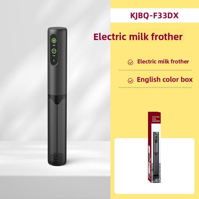 Dark gray KJBQ-F33DX handheld milk frother with green indicator lights and English color box