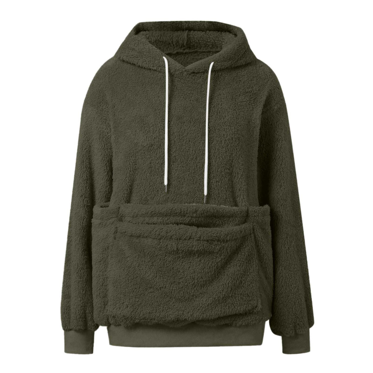 Olive Green option, size M: plush fleece hooded sweatshirt with white drawstrings and large front pocket