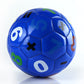 Blue childrens Size 2 soccer ball with white and colored numbers and a plus sign on glossy PVC
