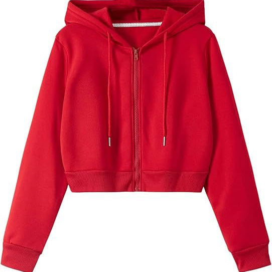 Womens short zip up hoodie with an adjustable drawstring hood