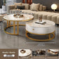 Option 60x80cm photo: round nesting tables, gold frame, white cabinet, white stone tops, labeled 70 CM and 50 CM