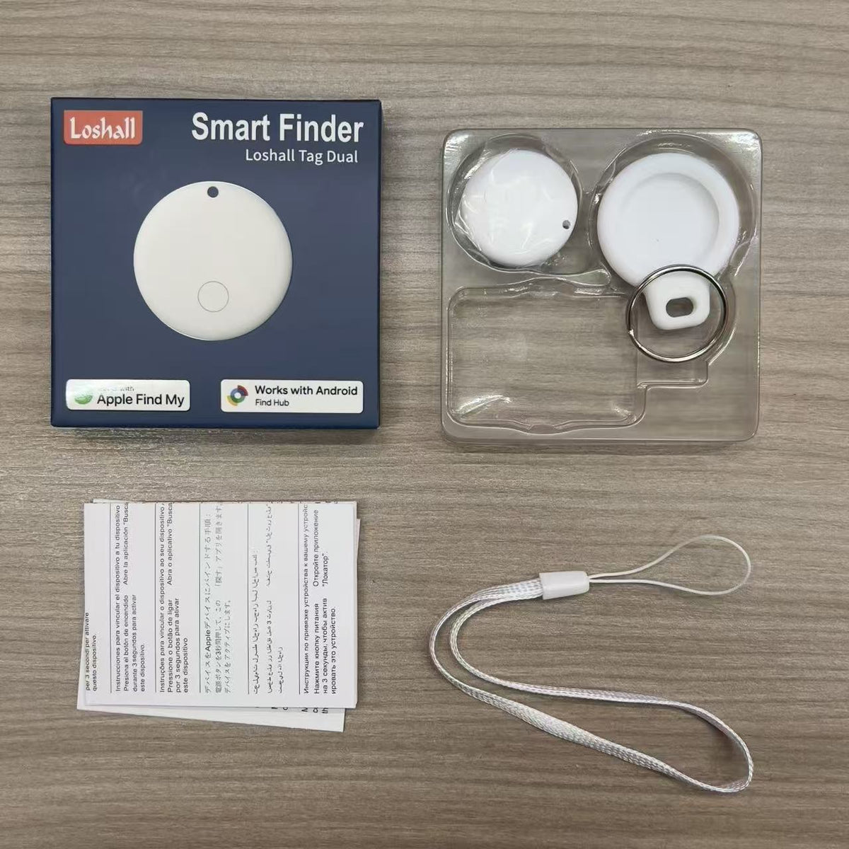 F08 White with short silicone case: tracker box, white tracker, clear silicone case with ring, manual and lanyard