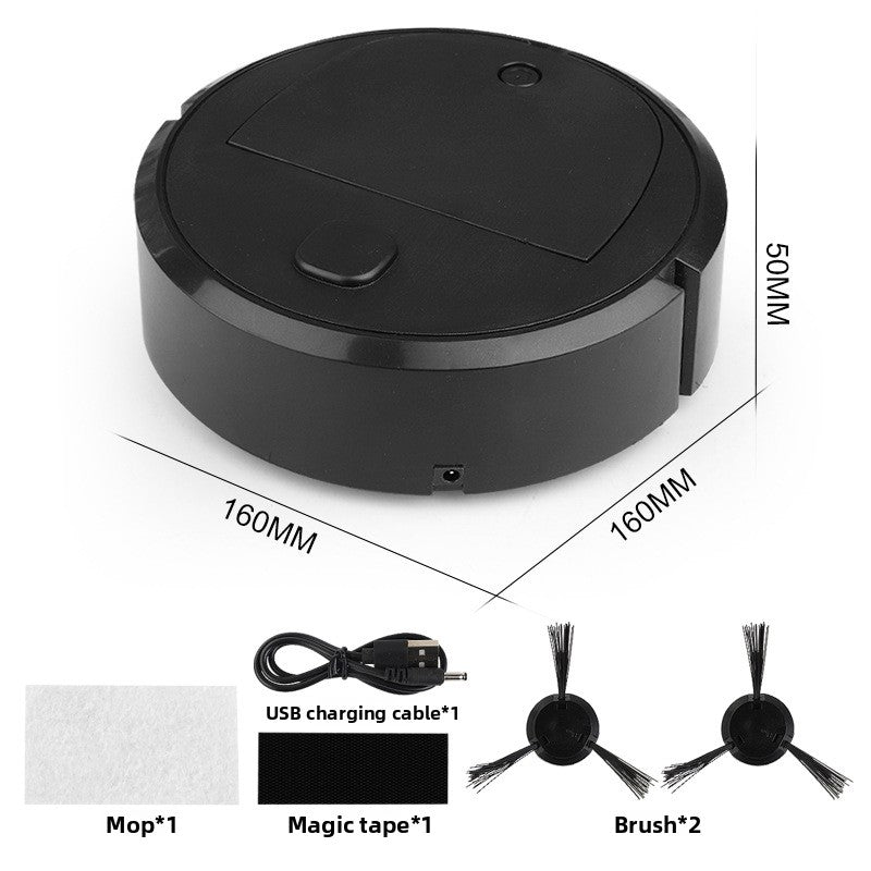 Black robotic sweeper angled view showing 160mm width and 50mm height with accessories