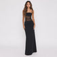 Black lace panel spaghetti strap maxi dress on a light studio backdrop, size L option