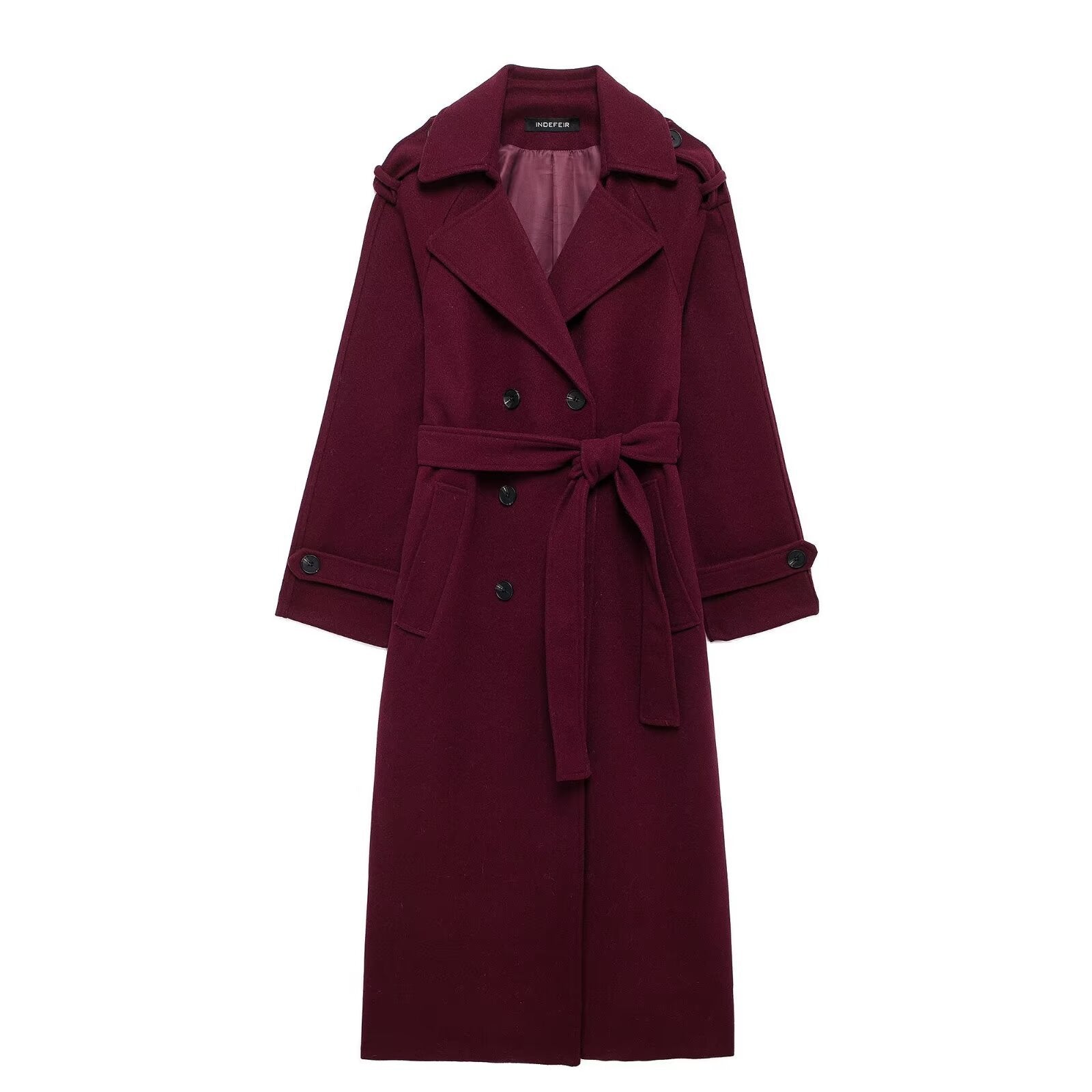 Double breasted belted longline woollen look overcoat, the deep side pockets and belt loops