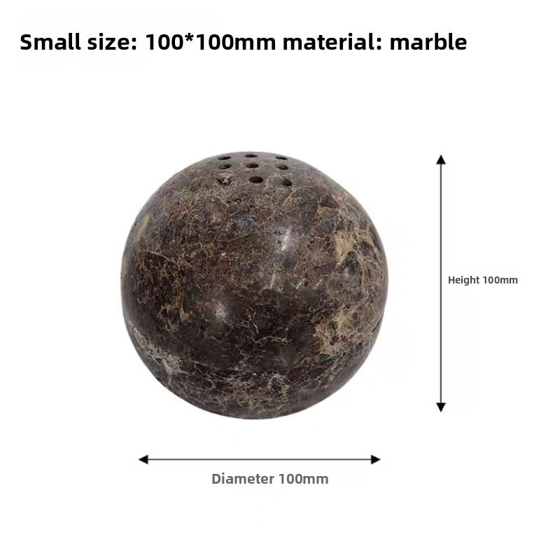 Dark green and brown veined marble burner sphere, small size 100 by 100 mm, with crown holes