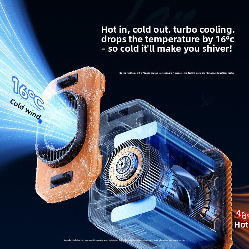 Cutaway maker panel showing the six bladed impeller and motor inside the waist fan body