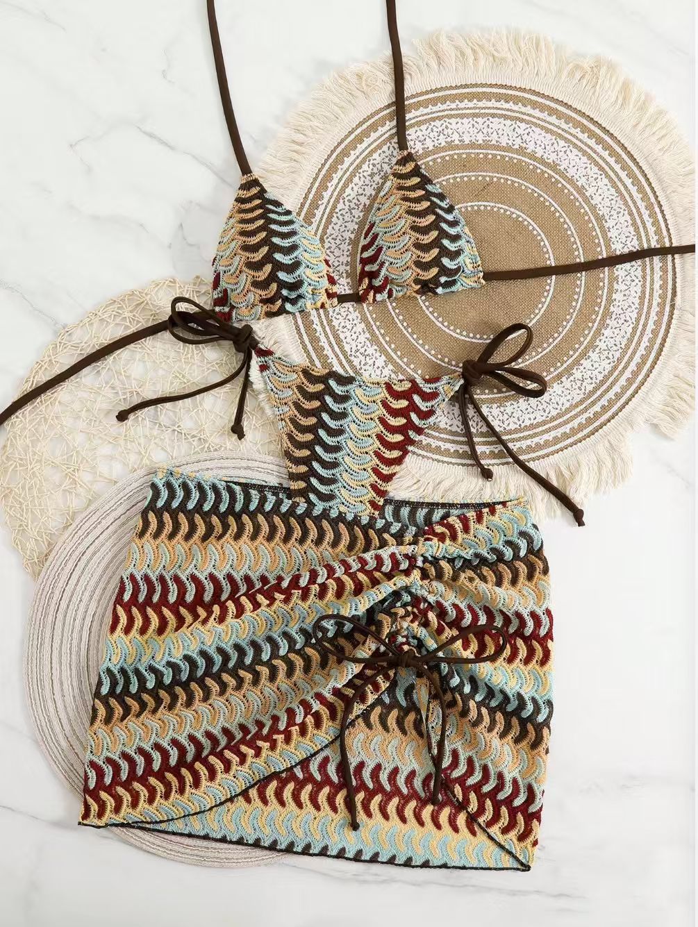 Multicolor wave stripe knit of the bikini top close up
