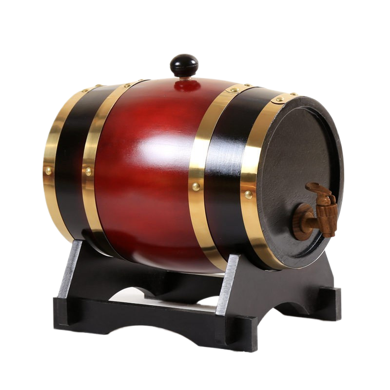 Wine red wooden barrel drink dispenser with gold hoops and a wooden tap on a black stand