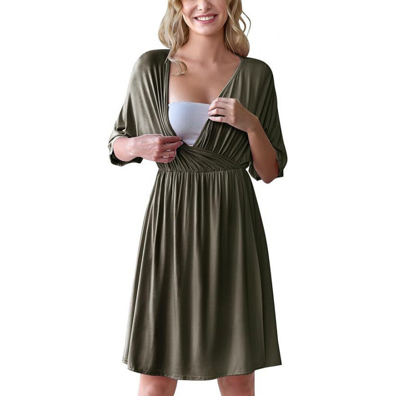Maternity dress dolman sleeves reaching the elbow with an easy relaxed drape