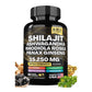 Close up of sea moss and shilajit capsules outside the bottle on a surface