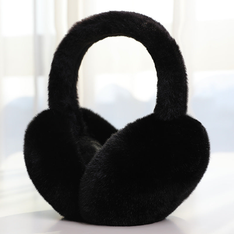 Black Plush Band foldable plush winter earmuffs, front three quarter view