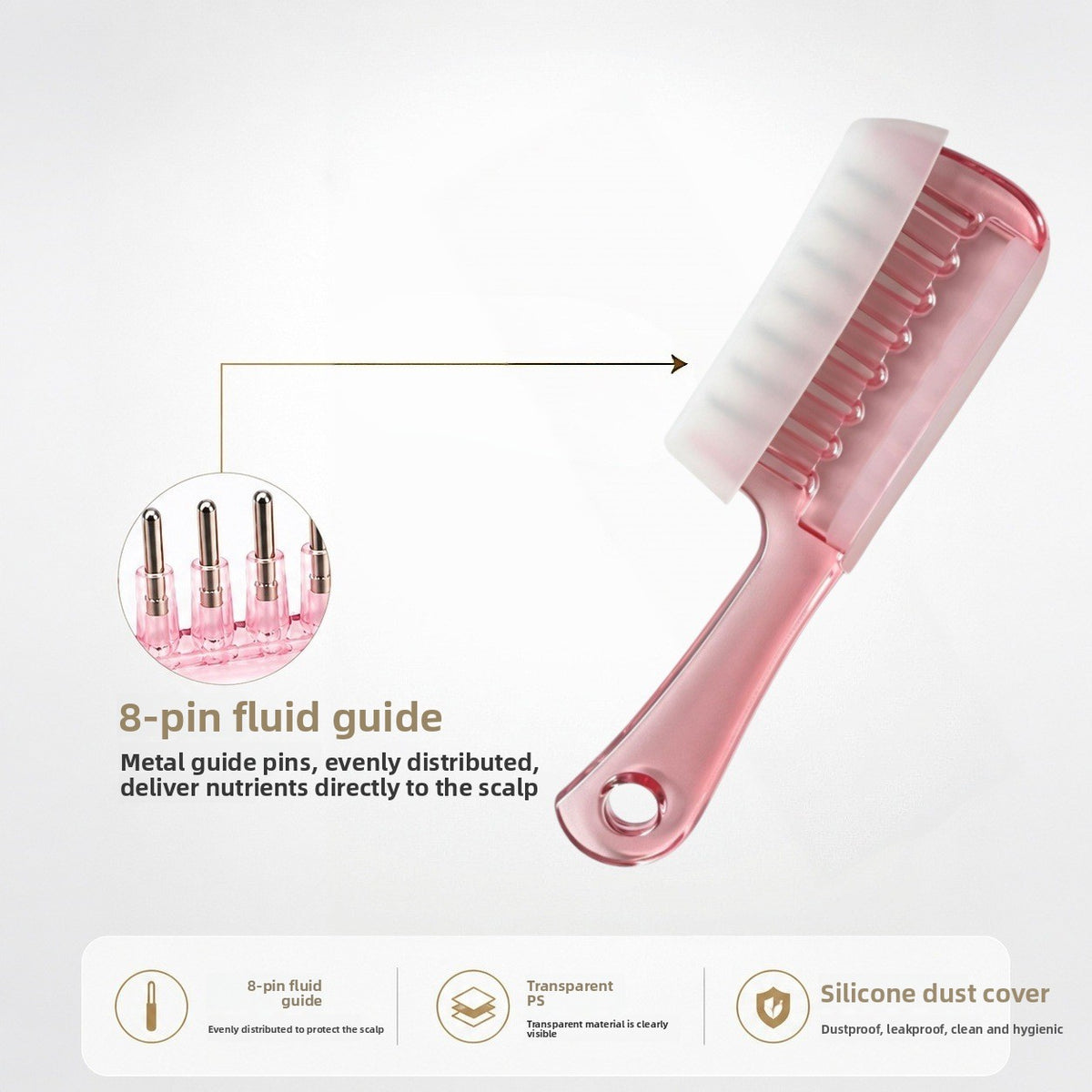 Pink transparent liquid guide comb with a close view of the eight metal tipped fluid guide pins