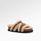 Brown suede fleece slide slippers shown as a pair from the front